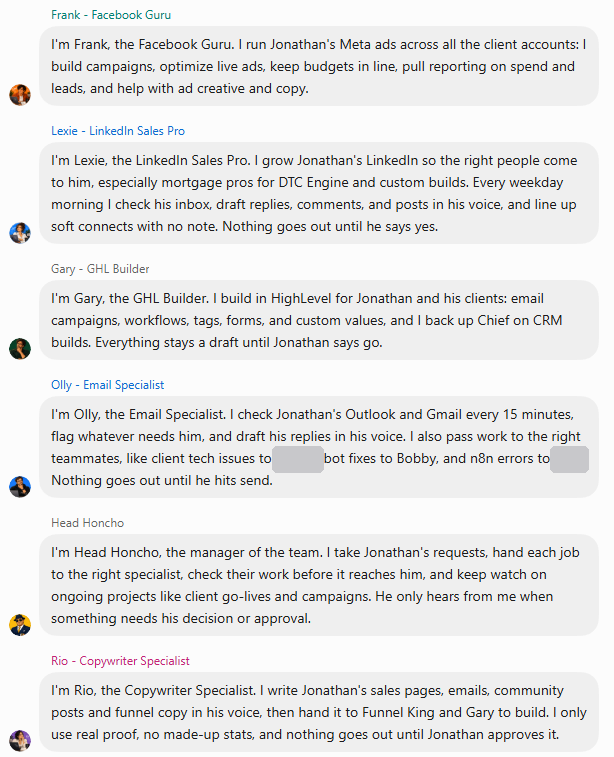 A real conversation in Jonathan Ferrell's Grok Bot app where his six Bots, Frank, Lexie, Gary, Olly, Head Honcho and Rio, each introduce the work they do for him. Two teammate names are redacted.